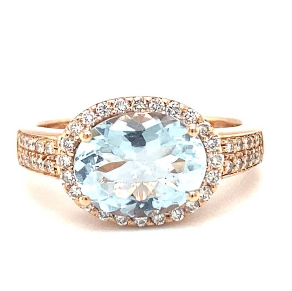 LEVIAN Aquamarine and Diamonds 14K Rose Gold Ring - Vintage Retro Size 8.25